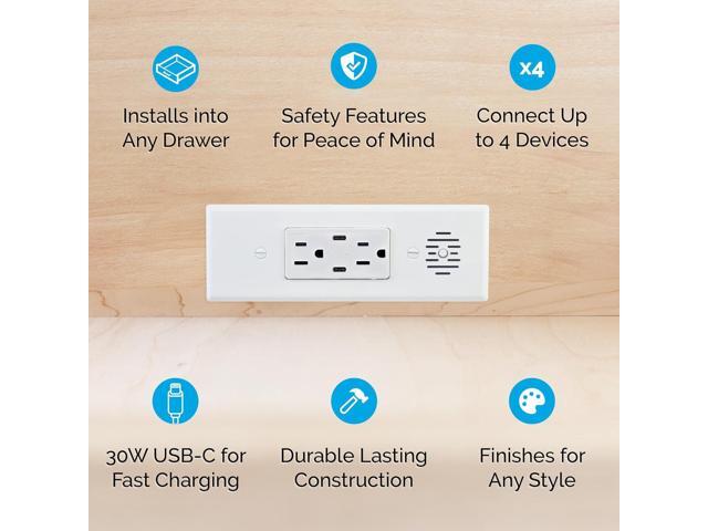 Docking Drawer Blade in-Drawer Outlet, Integrated Safety Shutoff, (2) 30W USB-C & (2) 15 amp AC, White
