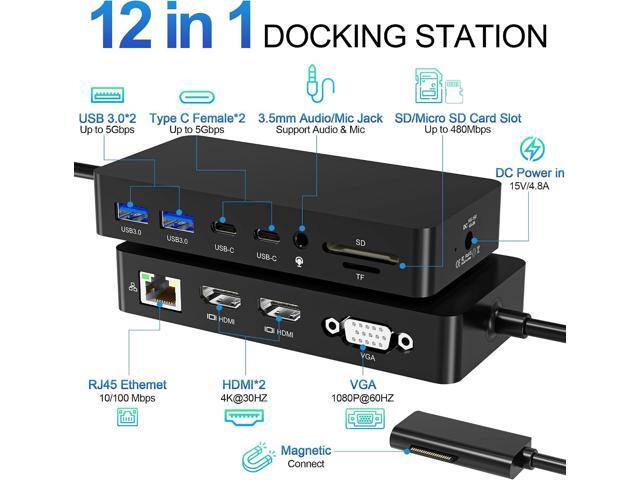Surface Dock, 12-in-1 Triple Displays VGA +Dual HDMI Surface Pro Dock, Surface Docking Station for Surface Pro 11/10/9/8/X/7/6/5/4/3, Surface Book,...
