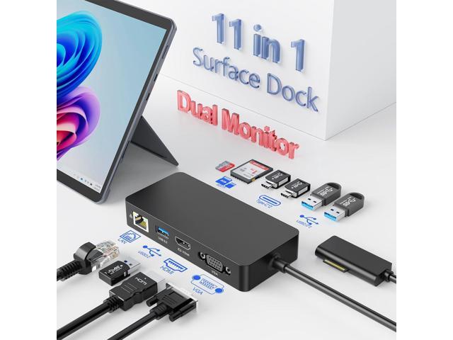 Surface Docking Station with Power Adapter, 11-in-1 Surface Dock, Dual Monitor 4K HDMI & VGA, Ethernet, USB Hub, SD/TF Card Reader for Surface...
