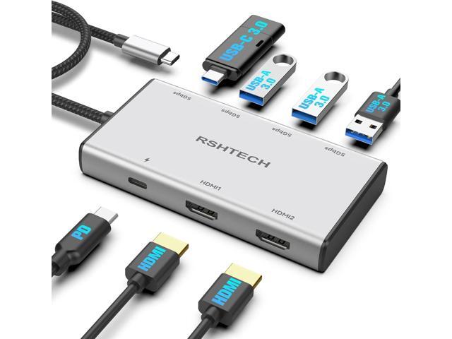 RSHTECH 7-in-1 USB C Hub Multiport Adapter with 2x4K@60Hz HDMI, USB-3.0 Data Ports(3A+1C), 100W PD, Aluminum USB-C Docking Station Dual Monitor for...