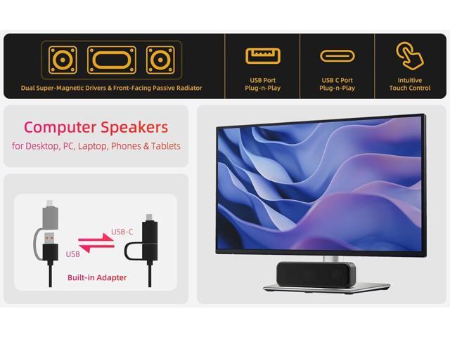 Computer Speakers for Desktop PC Laptop, Wired, USB Plug-in, External Speakers for Monitor, Small Computer Sound bar for PC, Loud Speaker with Deep...
