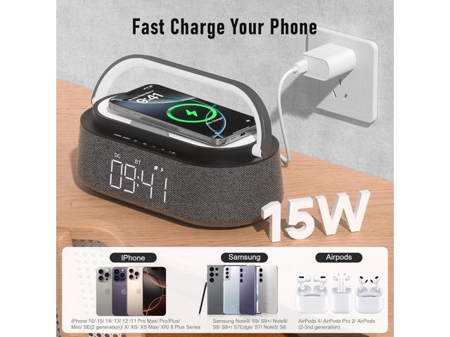 FREEFISH Bluetooth Speaker with Fast Wireless Charger,FM Radio,Touch LED Night Light,Phone Holder,Snooze, Portable Wireless Speaker for Bedrooms...