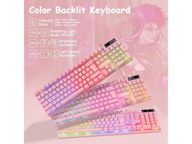CHONCHOW Pink Gaming Keyboard and Mouse Combo with LED, 104 Keys Wired Light Up Pink Keyboard and Cute Mouse Set for PC Laptop Computer PS4 PS5...