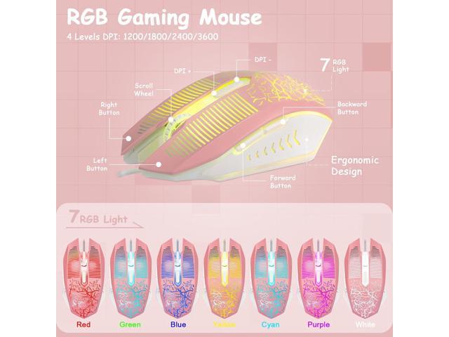 CHONCHOW Pink Gaming Keyboard and Mouse Combo with LED, 104 Keys Wired Light Up Pink Keyboard and Cute Mouse Set for PC Laptop Computer PS4 PS5...