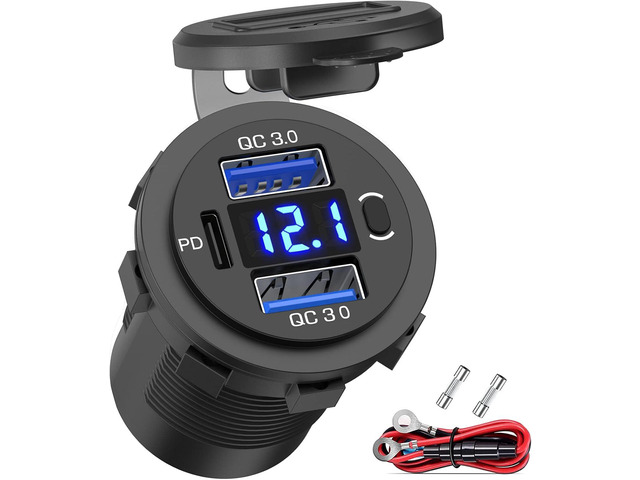 Qidoe 12V USB Outlet Dual 18W Quick Charge 3.0 Port & 30W PD 12V USB C Car Charger Socket with Voltmeter and Power Switch, Waterproof Multiple Car...