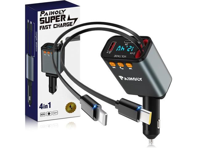 [2025 Compact] Bluetooth 5.3 Car Adapter, FM Transmitter Bluetooth Car Charger, 4 in 1 Retractable Car Charger for Phone, USB C Fast Charging.