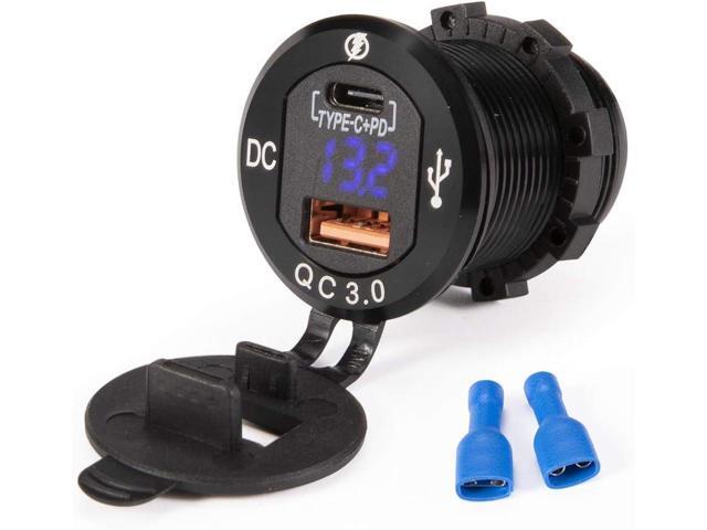 BUNKER INDUST Car Charger Socket Quick Charge 3.0QC,Dual Port USB Type C Outlet with Blue LED Digital Voltmeter,Aluminum Power Adapter 12V/24V.