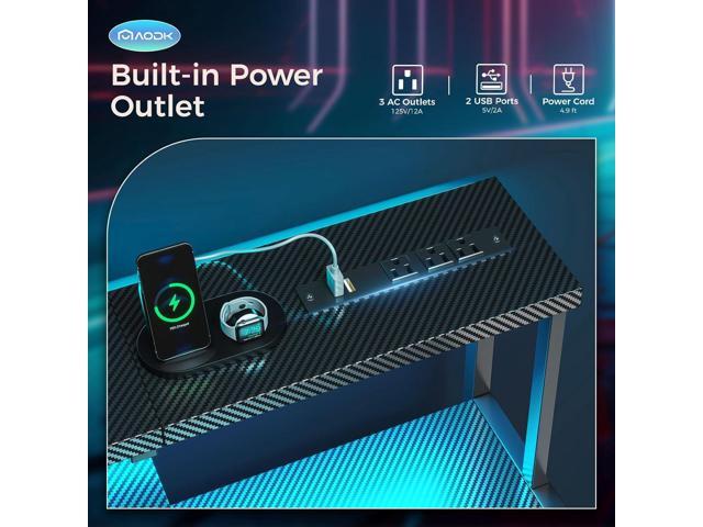 AODK Computer Desk, 56 Inch Gaming Desk with Led Lights & Power Outlet, Office Desk with Storage Shelves, Reversible Desk with Monitor Shelf &...