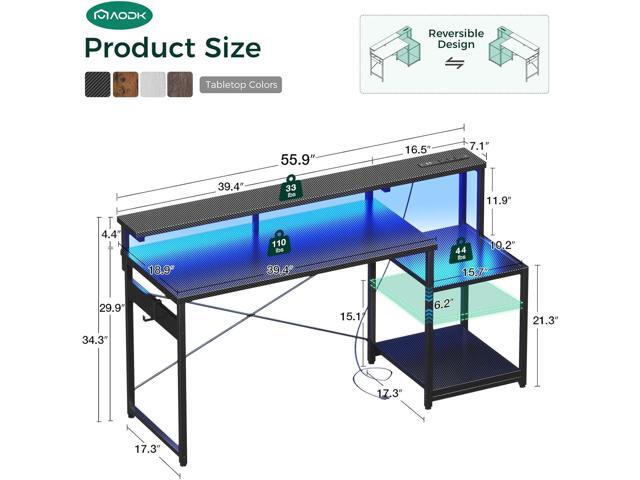 AODK Computer Desk, 56 Inch Gaming Desk with Led Lights & Power Outlet, Office Desk with Storage Shelves, Reversible Desk with Monitor Shelf &...