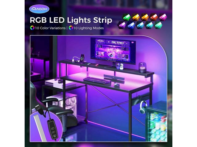 AODK Computer Desk, 56 Inch Gaming Desk with Led Lights & Power Outlet, Office Desk with Storage Shelves, Reversible Desk with Monitor Shelf &...
