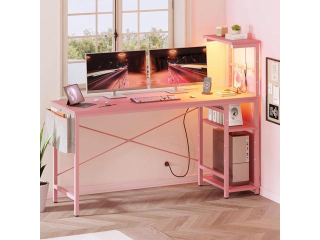 Bestier Gaming Desk with Power Outlets, 61 Inch Large Led Gamer Desk with 4 Tiers Reversible Shelves, PC Gaming Table with Headset Hook & Side...