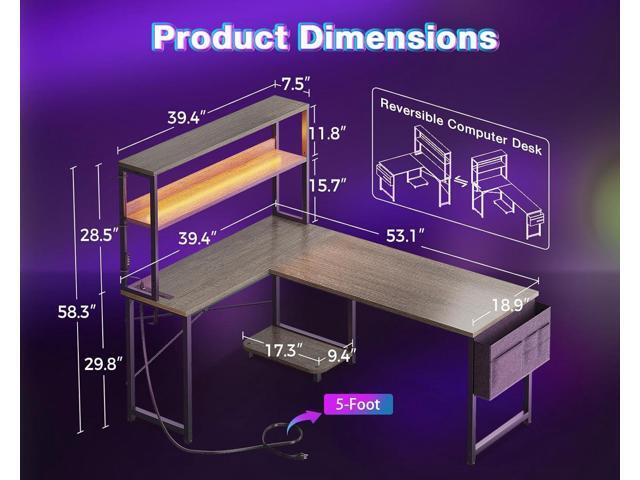 AODK L Shaped Desk Gaming Desk with LED Light & Power Outlet, 53 Inch Reversible L Shaped Computer Table with Shelf & Storage Bag & Hook for Home...