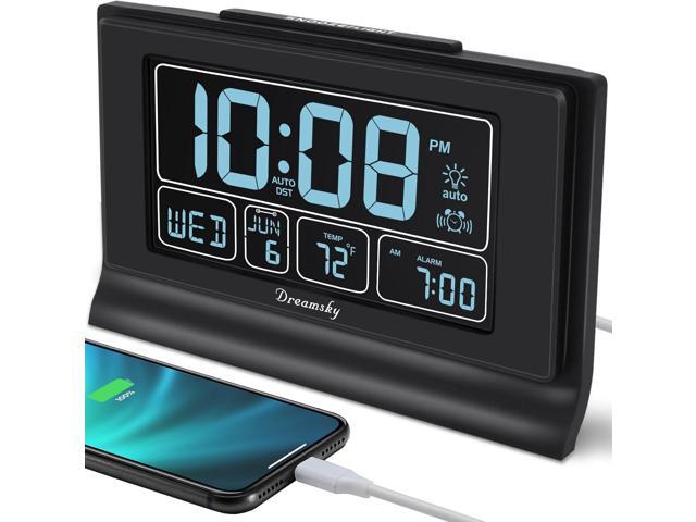 DreamSky Alarm Clocks for Bedrooms with Battery Backup, Auto Set Digital Clock with Date and Day of Week, Temperature, USB Port, Auto DST, Dimmer,.