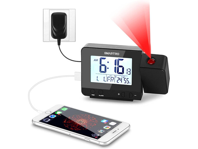 Digital Projection Alarm Clock for Bedrooms with Indoor Thermometer Hygrometer, USB Charger, Bedside Projector, Travel, AC and Battery Operated