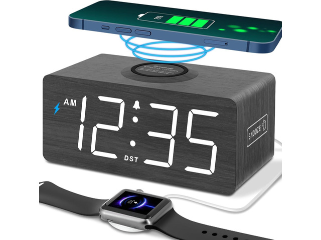 DreamSky Wooden Digital Alarm Clock with Wireless Charging for Bedroom Bedside Nightstand Clock with Charger Station, USB Port, Large Numbers,...