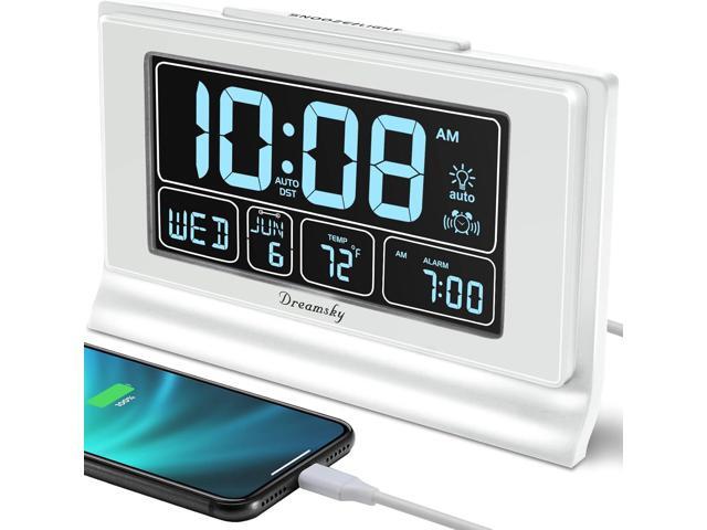 DreamSky Alarm Clocks for Bedrooms with Battery Backup, Auto Set Digital Clock with Date and Day of Week, 5 Inch Large Display with Weekday.