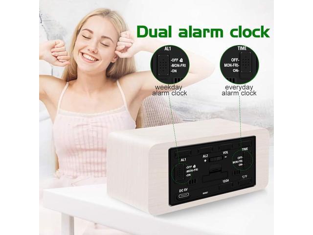 MOSITO Digital Wooden Alarm Clock with Wireless Charging, 0-100% Dimmer, Dual Alarm, Weekday/Weekend Mode, Snooze, Wood LED Clocks for Bedroom,...