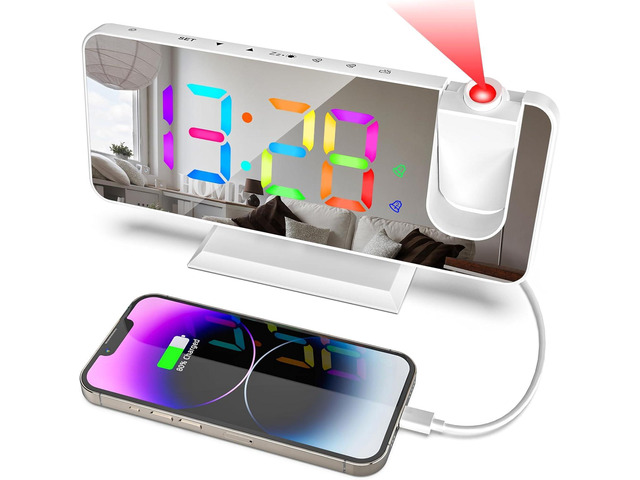 Projection Alarm Clock for Bedrooms Ceiling,7.3' Digital Clock Large Display Mirror Screen,11 Colors RGB Clock with 180Â° Rotatable Projector,5 Auto...