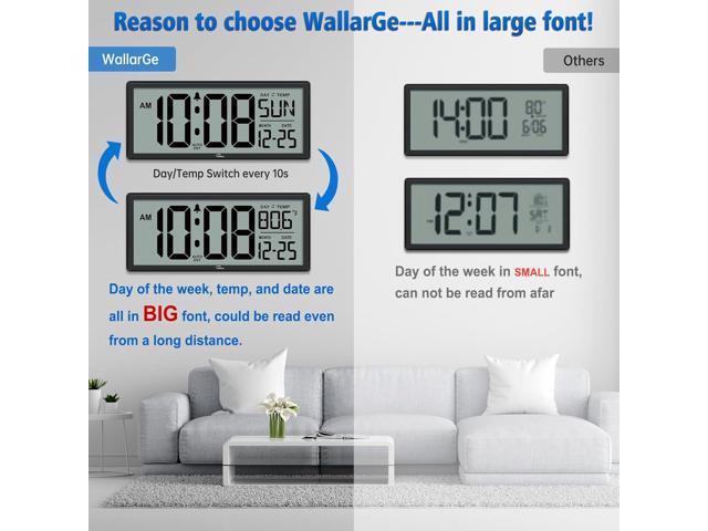 WallarGe 14.5'' Large Digital Wall Clock Battery Operated with Jumbo Numbers, Temperature and Date - Easy to Read and Set, Auto DST