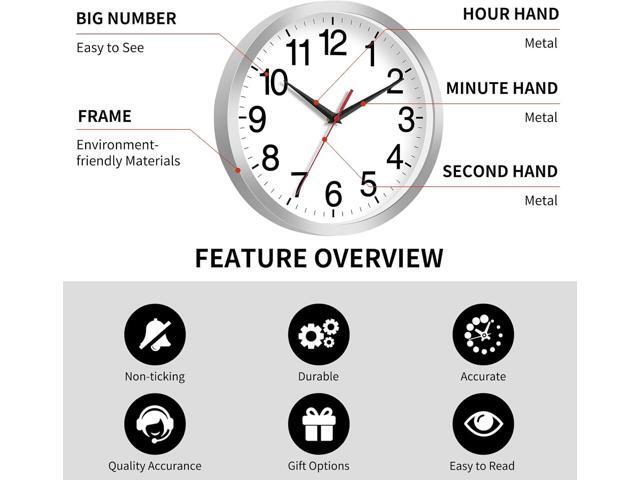 14 Inch Wall Clock Modern Battery Operated Silent Non Ticking Analog Clock Decorative for Bedroom Kitchen Bathroom Office Home Living Room (Silver)