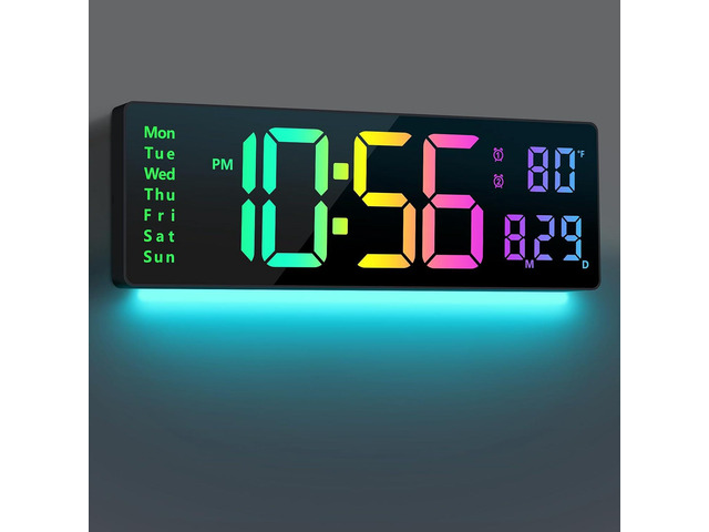 Digital Wall Clock Large Display 16', Digital Clock with 11 RGB Colors Changing Remote Control, LED Clocks with Night Lights for Living Room...