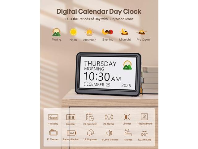 Clock with Day and Date for Elderly, 7' Large Display Digital Calendar Day Clock with 20 Custom Alarms and Medicine Reminders, 12 Display Modes,...