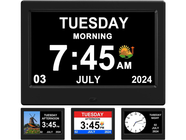 Alarm Clock with Day and Date for Elderly Digital Calendar Clock Photo Frame- Auto Dimmable Display 15 Alarm Options (7inch Black)