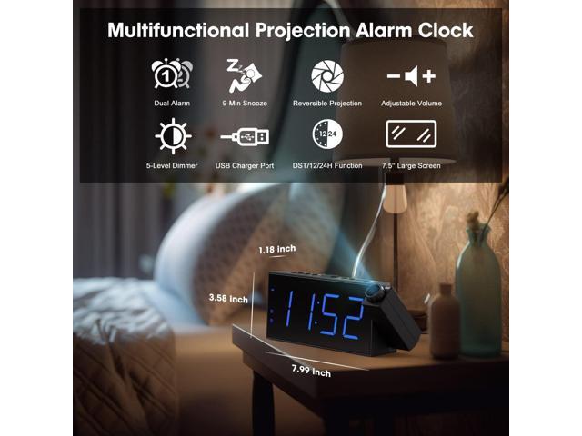OnLyee Projection Alarm Clock for Bedroom, LED Digital on Ceiling Wall with USB Phone Charging, Battery Backup, 180° Rotatable Projector & Dimmer,...