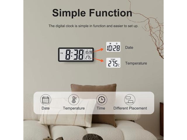 JoFomp LCD Digital Wall Clocks Battery Operated, 8.5' Modern Wall Clocks for Living Room Decor, Simple Digital Wall Clock with...