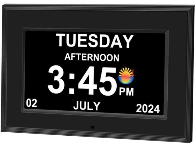 Alarm Clock with Day and Date for Elderly 7inch Digital Calendar Clock Photo Frame- Auto Dimmable Display 15 Alarm Options, Clock with.