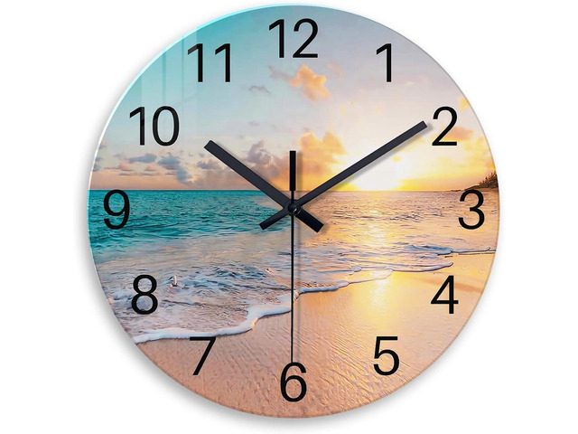 Beach Wall Clock Battery Operated 12 Inch Glass Wall Clock Non Ticking Analog Blue Wall Clocks for Bedroom Living Room Office Decor