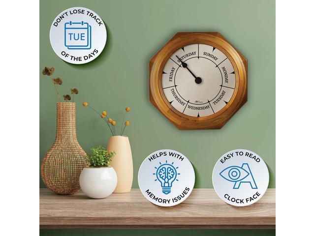 Classic Day of The Week Wall Clock with Solid Wood Frame Calendar Day Clock Ideal Retirement Gift for Men & Women Oak, 10'