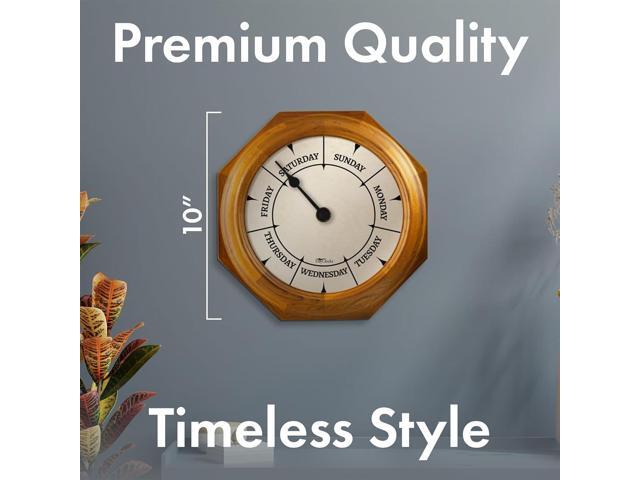 Classic Day of The Week Wall Clock with Solid Wood Frame Calendar Day Clock Ideal Retirement Gift for Men & Women Oak, 10'