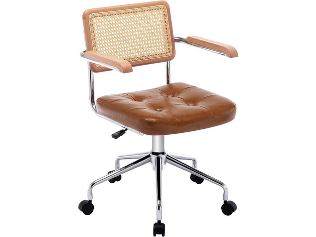 Zesthouse Modern Home Office Chair Leather Desk Chair with Natural Rattan Back, Vanity Chair for Girls Women, Upholstered Tufted Swivel Armchair,...