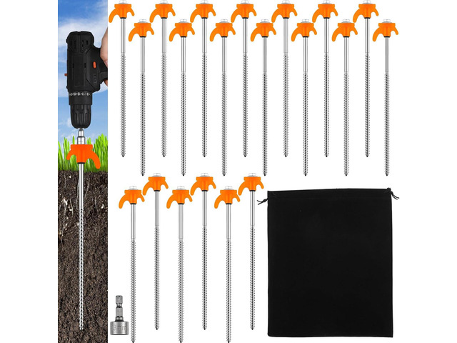 JaGely 20 Pcs 12 Inch Tent Stakes Screw in Camping Stake Heavy Duty Metal Spikes Ground Anchor Peg Threaded Tent Spikes with Hex Head Driver for...