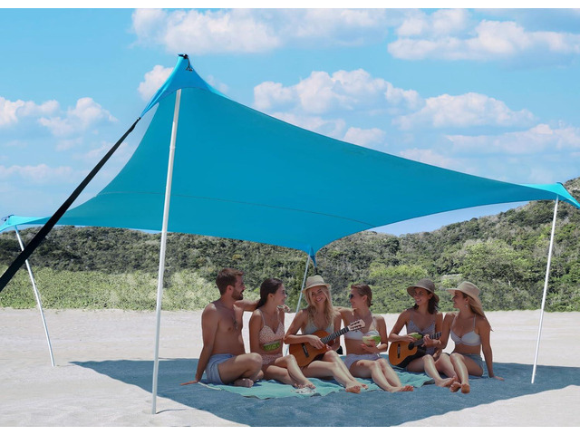 10×10ft UPF50+ Beach Tent Sun Shelter, Windproof Stable Outdoor Pop Up Beach Shade Canopy for Camping, Fishing, Backyard Fun or Picnics, 4 Poles