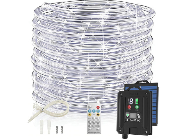 Solar Rope Lights, 66FT 200LED 1800mAh Outdoor IP67 String Lights (White)