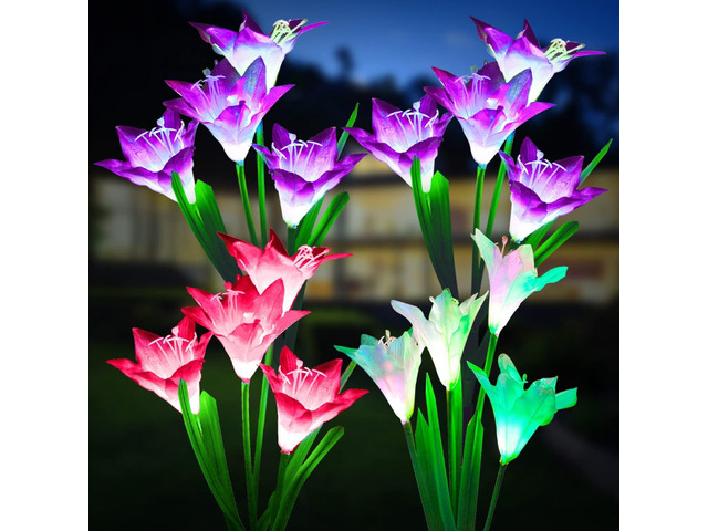 KOOPER Outdoor Solar Lights, 4 Pack Solar Garden Light with Bigger Lily Flowers, Waterproof 7 Color Changing Solar Lights Outdoor - Bigger Panel...