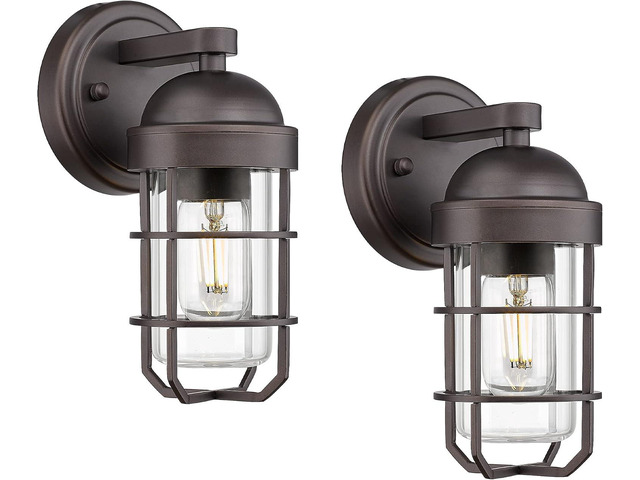Emliviar Farmhouse Outdoor Wall Sconces, 2 Pack Vintage Exterior Light Fixtures with Nautical Metal Cage and Tempered Glass, Oil Rubbed Bronze...