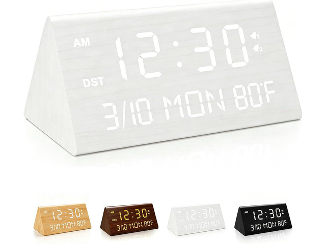 Premium Wooden Digital Alarm Clock with USB Charging Ports, Dimmable LED Display, Date, Day of Week, Temperature, DST, Clocks for Bedrooms, Desk,...
