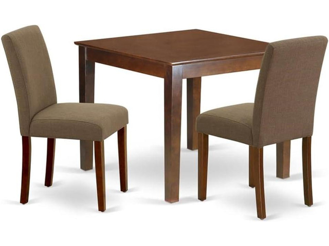 East West Furniture OXAB3-MAH-18 3 Piece Kitchen Table Set for Small Spaces Contains a Square Dining Room Table and 2 Coffee Linen Fabric Parsons...