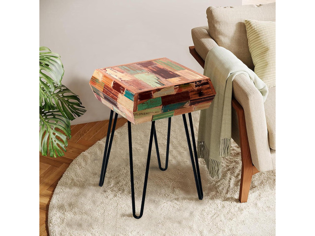Multicolor Square Wood Drum Side Table 14' x 14' x 20' H Reclaimed Wooden Coffee End Table Vintage Handmade Accent Table Rustic Plant Stand Living...
