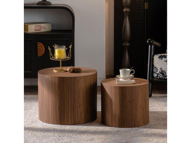 Nesting Coffee Table Set of 2, Wood Round Coffee Table, Modern Coffee Table for Small Space Living Room, Walnut