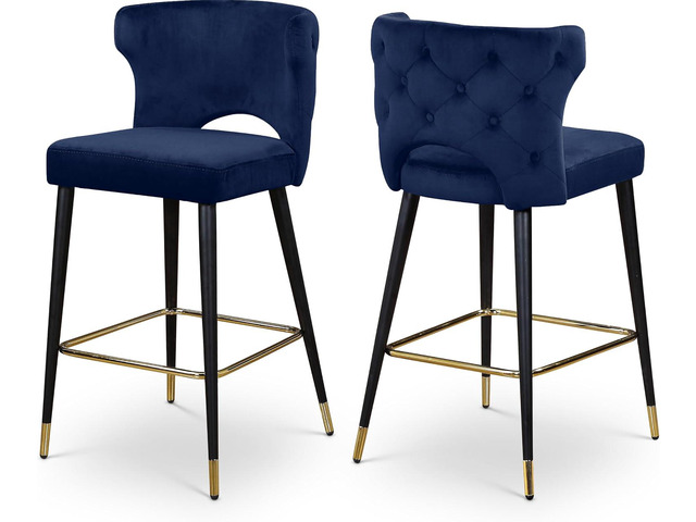 Meridian Furniture 791Navy-C Kelly Collection Modern Contemporary Velvet Upholstered Counter Height Stool with Gold Tipped, Black Metal Legs,...