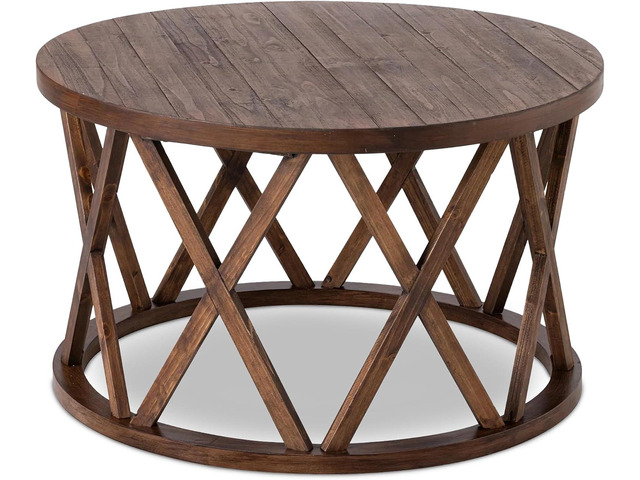 COZAYH Rustic Farmhouse - Round Coffee Table - X-Motif Legs, Brown