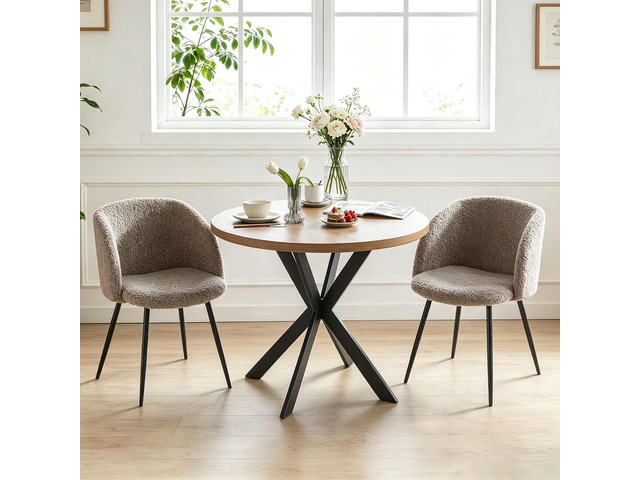 Homedot Dining Table Set for 2 with Chairs, 37' Engineered Wood Round Table Wipe Clean with 2 Fluffy Sherpa Arm Chairs, Modern Dinette Set with...