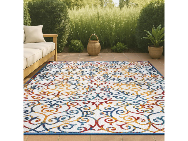 JONATHAN Y Scroll Trellis Indoor Outdoor Area Rug 3X5 Cream/Blue/Red, Atrani for Backyard, Patio, Porch, Easy-Cleaning, High Traffic, Pet-Friendly,...