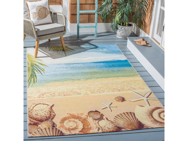 SAFAVIEH Washable Rug Outdoor Barbados Collection - 4' x 6', Gold & Blue, Non-Shedding & Easy to Clean, Ideal for Patio, Backyard, Mudroom (BAR555A)