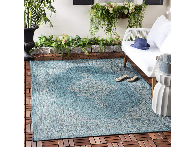 SAFAVIEH Washable Rug Outdoor Courtyard Collection - 2'7' x 5', Teal & Ivory, Non-Shedding & Easy Cleaning, Ideal for Patio, Backyard, Mudroom...