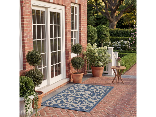 SAFAVIEH Washable Rug Outdoor Courtyard Collection - 2' x 3'7', Blue & Natural, Non-Shedding & Easy Cleaning, Ideal for Patio, Front Door,...